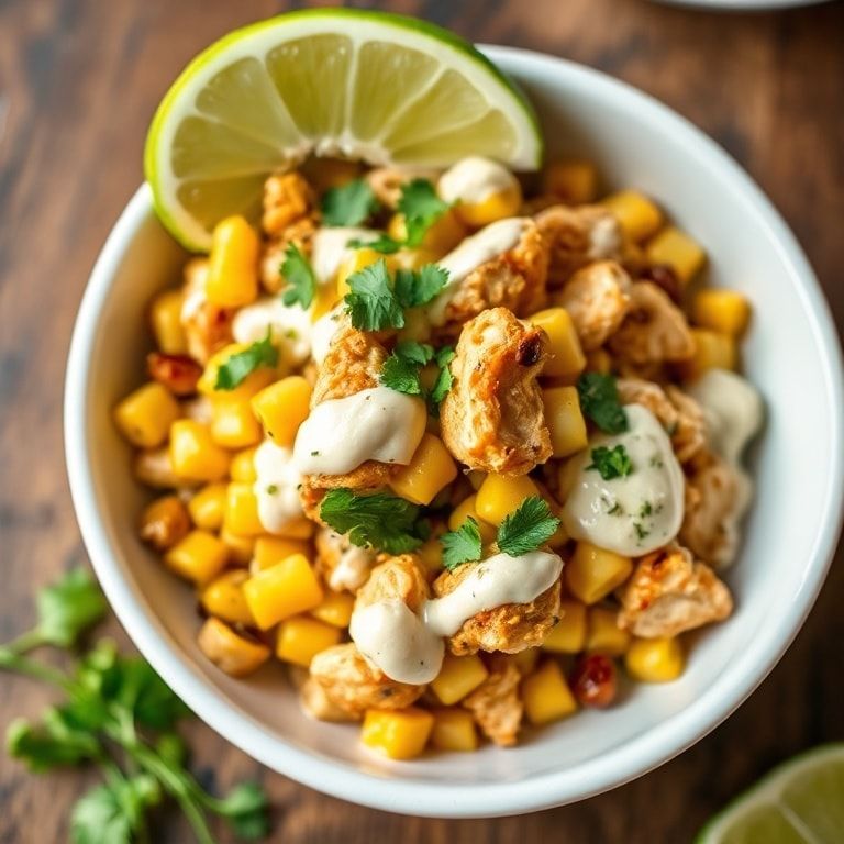 A perfect serving of Easy Street Corn Chicken Bowl garnished with fresh chopped cilantro and lime wedge in a wide white bowl, creamy sauce drizzled, all textures visible.