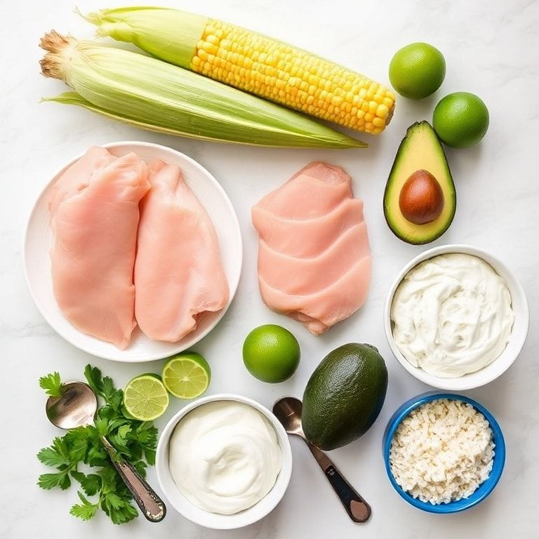 All raw ingredients for Easy Street Corn Chicken Bowl on a marble surface, including raw chicken breasts, fresh corn on the cob, avocado, limes, Greek yogurt, cilantro, bowls and measuring spoons visible.