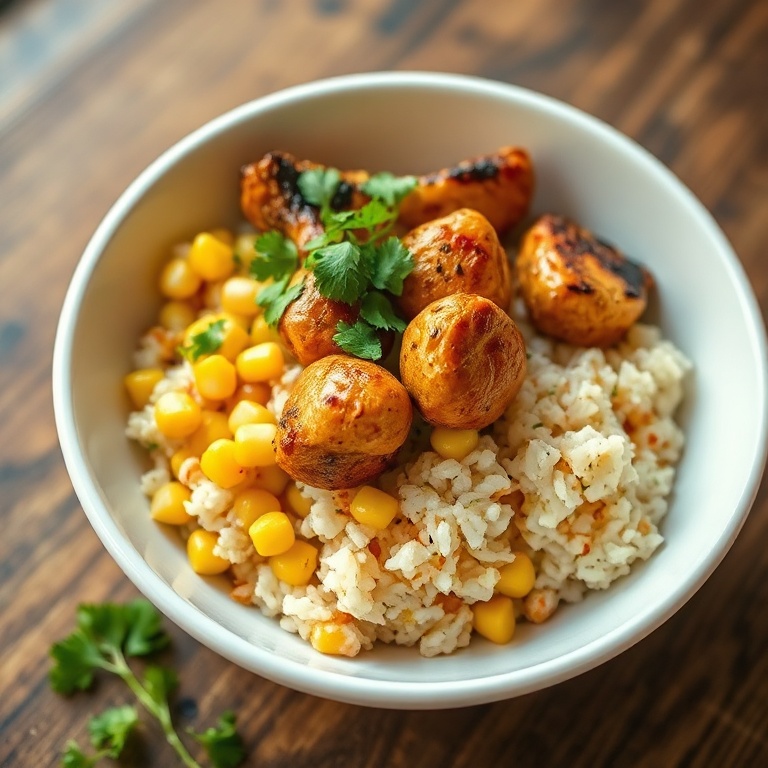 A single serving of street corn chicken rice bowl garnished with fresh cilantro and cotija cheese, served in a wide white bowl, textures of the grilled chicken, charred corn, creamy sauce, and fluffy rice clearly visible with warm lighting.