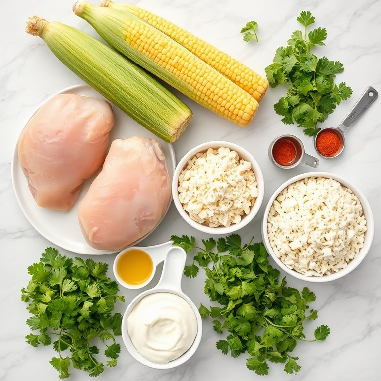 Overhead photo of all raw ingredients for street corn chicken rice bowl including chicken breasts, uncooked rice, fresh corn cobs, cotija cheese, and cilantro arranged on a white marble surface with small bowls of spices and lime wedges.