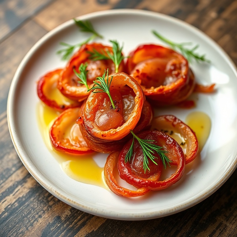 Sumac onions plated on a white ceramic plate with a drizzle of olive oil and fresh dill.