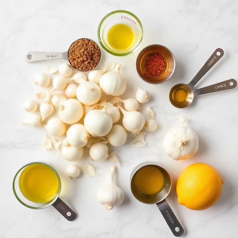 Raw onions, sumac, olive oil, garlic, and lemon arranged on a marble surface with measuring cups.