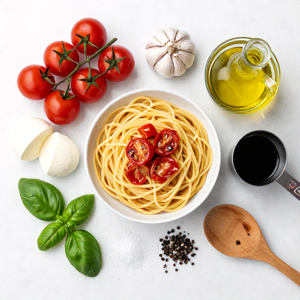 Raw Ingredients for Easy Summer Pasta with Roasted Cherry Tomatoes and Basil