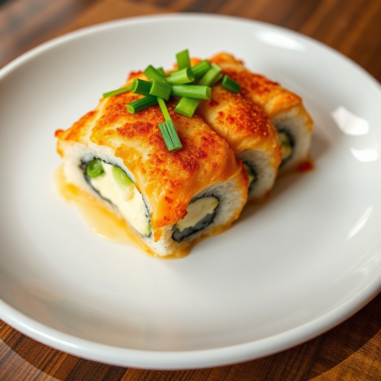 Sliced sushi bake on a white plate. Crispy edges, creamy texture, and green onions on top. Warm lighting highlights the dish.