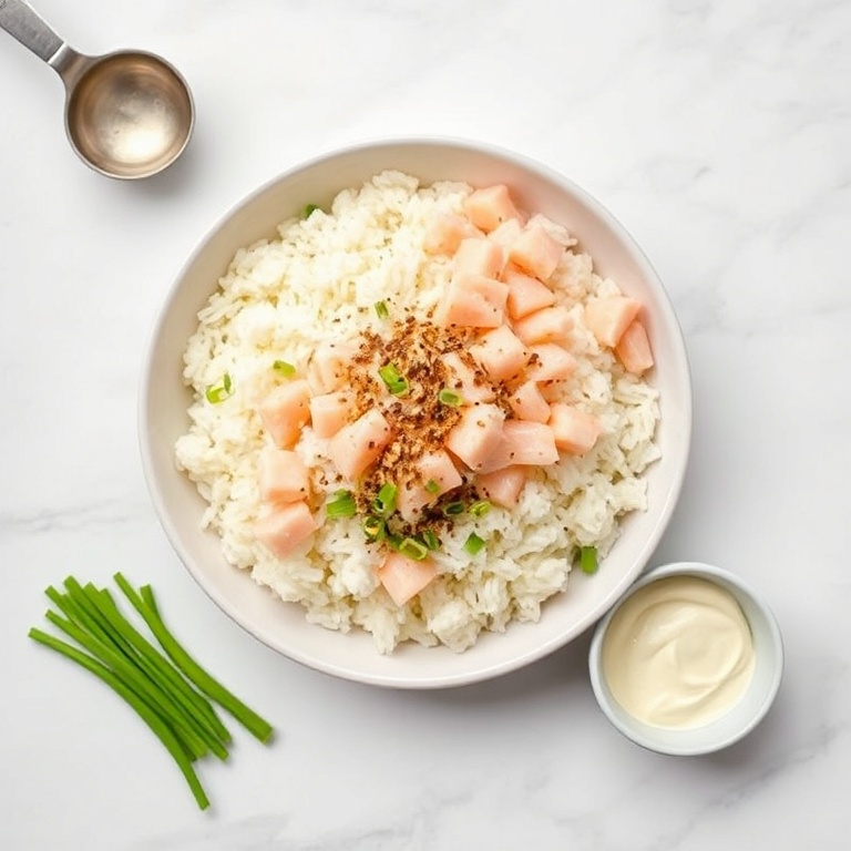 Rice, crab meat, furikake, green onions, and mayonnaise arranged in a flat lay. Measuring spoons and bowls visible. Bright natural light.
