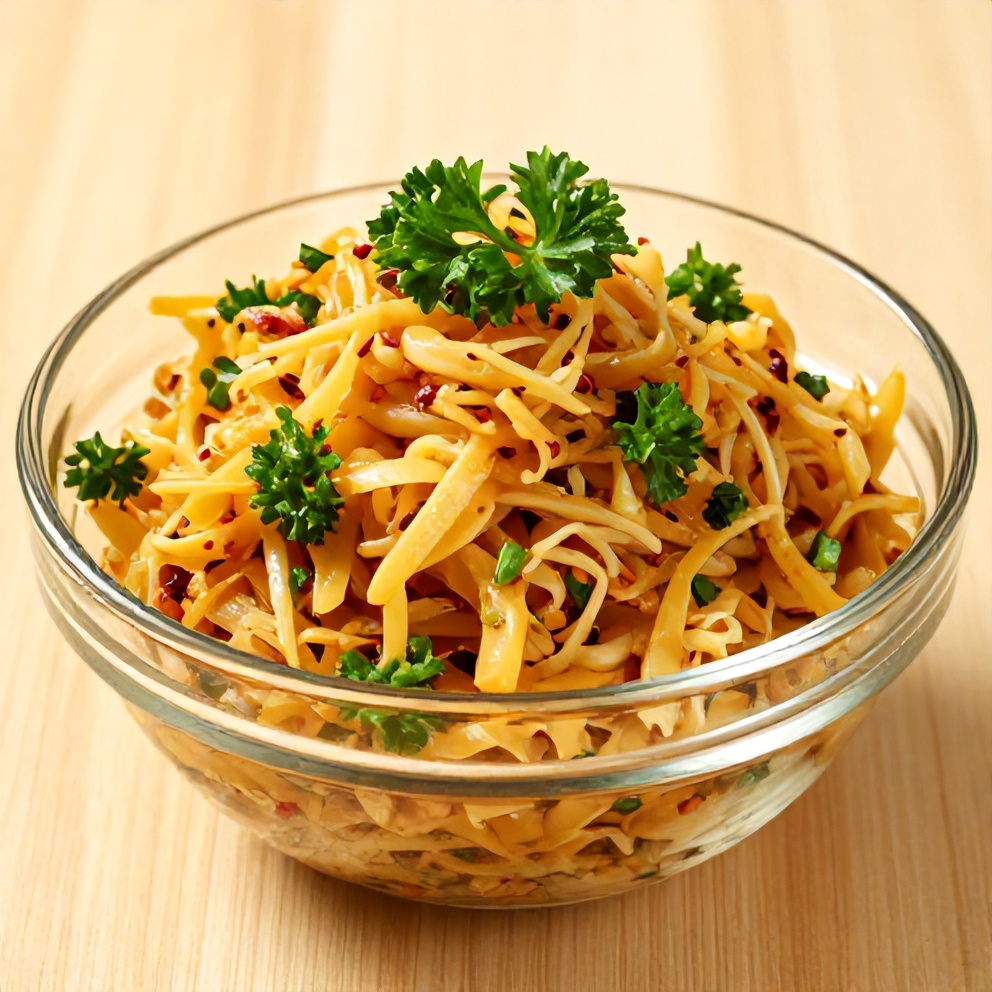 Sweet and Spicy Pickle Slaw served in a clear glass bowl