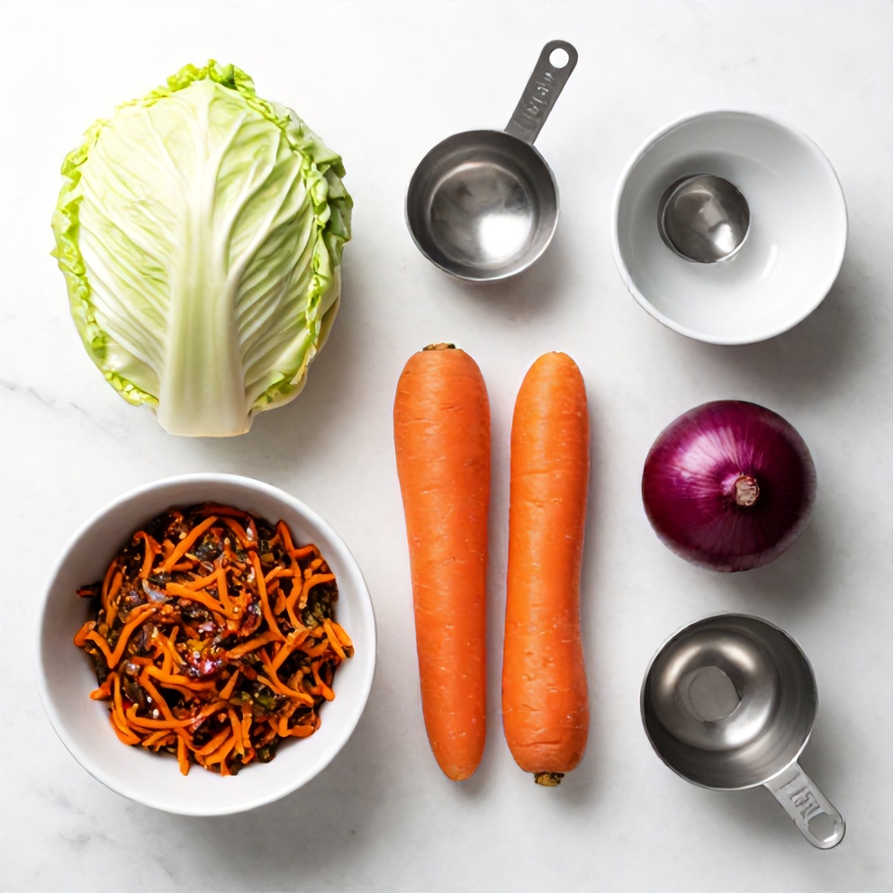 Raw ingredients for Sweet and Spicy Pickle Slaw on a white marble surface