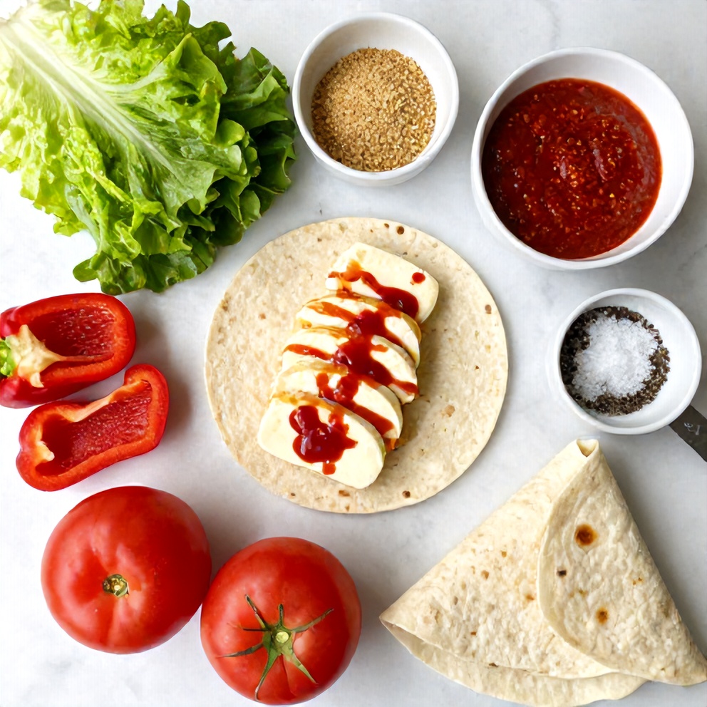 Raw ingredients for Sweet Chili Halloumi Wraps on a marble surface