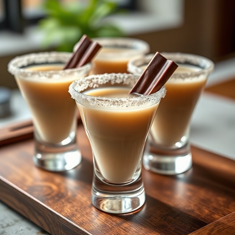 Cocktail shooters with a creamy texture, sugar rim, and chocolate garnish on a wooden tray