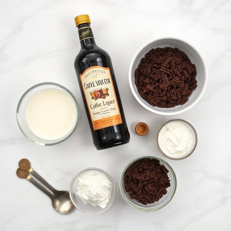 Bottles of coffee liqueur, whipping cream, milk, chocolate shavings, and a sugar-dusted rim