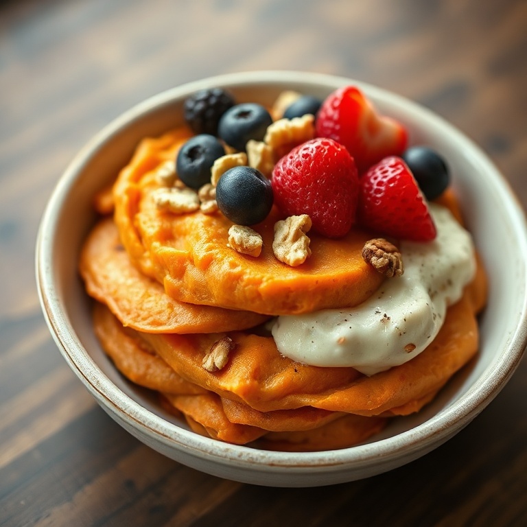 A perfect sweet potato breakfast bowl in a ceramic bowl. Topped with fresh berries and nuts.