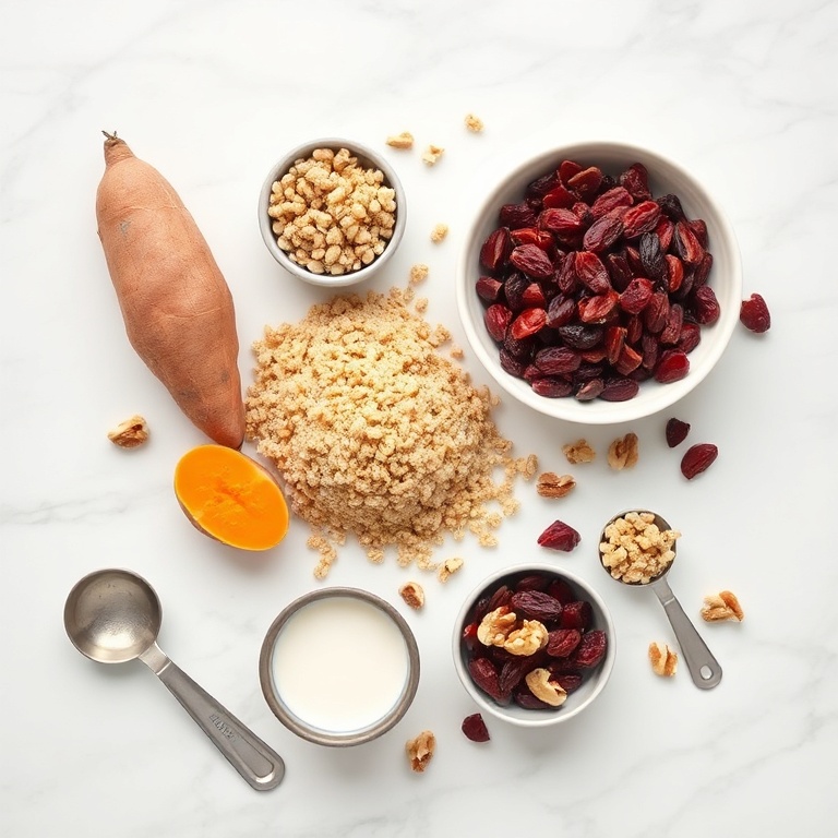 Raw sweet potatoes, quinoa, berries, and nuts arranged in a flat lay. Measuring cups and bowls nearby.