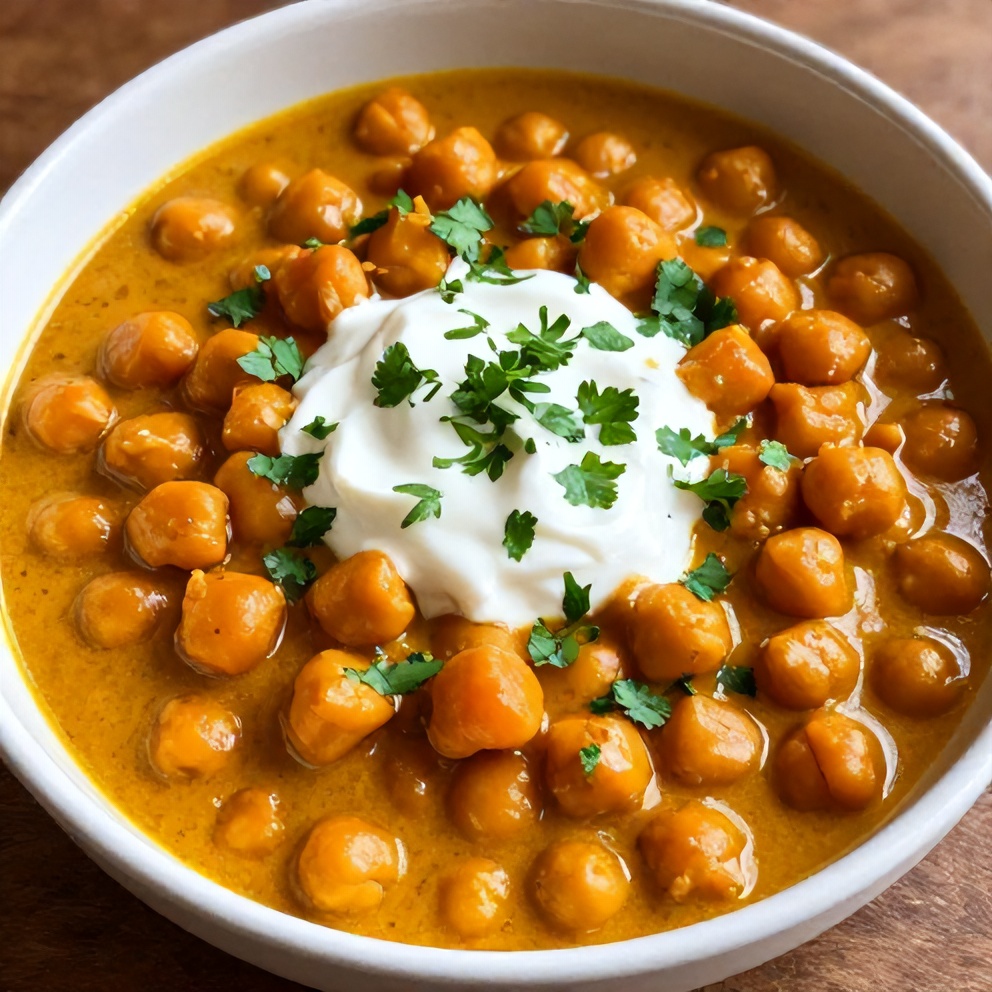 Sweet Potato Chickpea Curry plated with a dollop of yogurt
