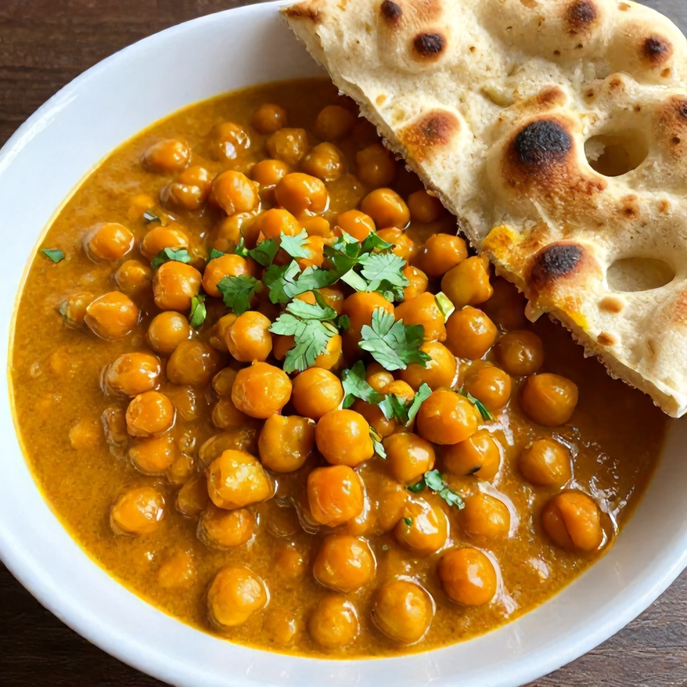 Plated Sweet Potato Chickpea Curry with a sprinkle of cilantro