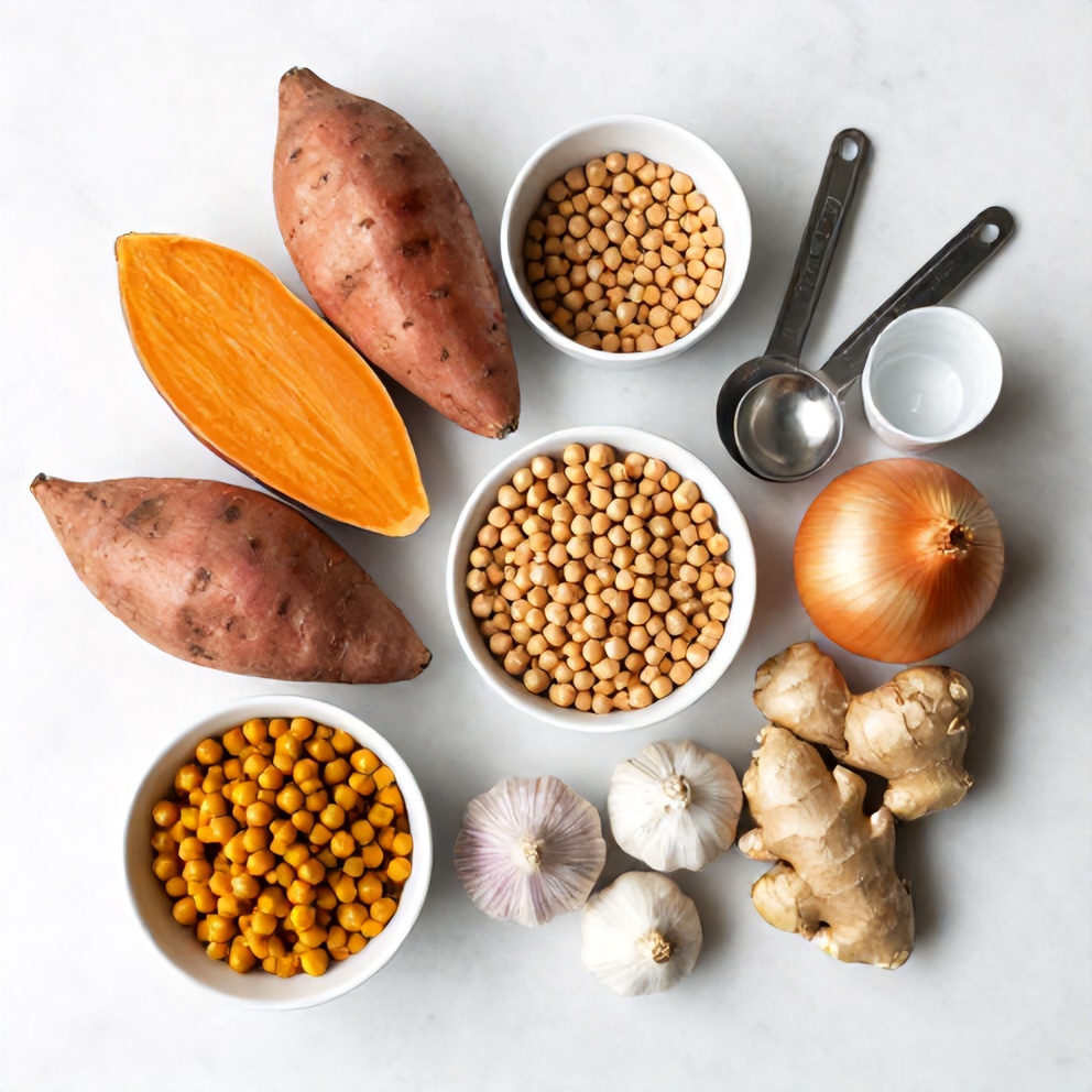 Raw ingredients for Sweet Potato Chickpea Curry on a marble surface