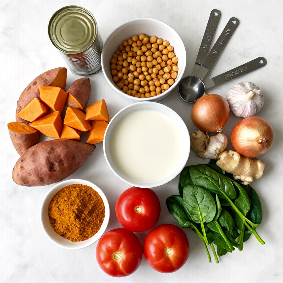 Raw ingredients for Sweet Potato Chickpea Curry laid out on a wooden surface