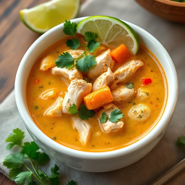 One serving of Thai coconut curry chicken soup in a wide white bowl, topped with fresh cilantro and lime wedge.