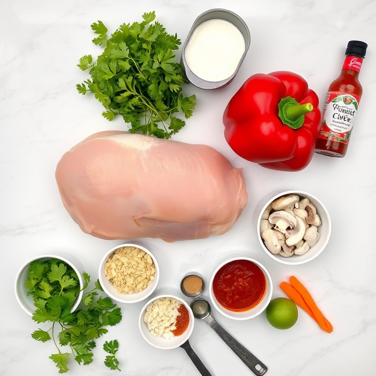 Flat lay of chicken breast, coconut milk, red curry paste, fresh cilantro, and lime, with bowls and measuring spoons on white marble.