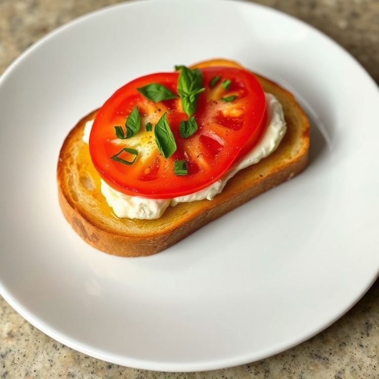 One serving of tomato and cottage cheese toast topped with chopped fresh basil on a white ceramic plate, close crop showing creamy cheese and juicy tomatoes.