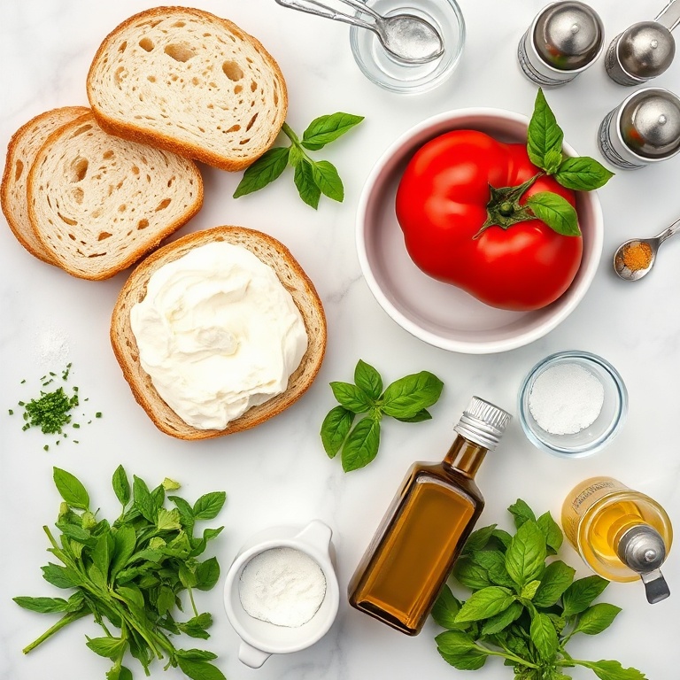 Overhead flat lay of sourdough bread, cottage cheese, ripe tomatoes, olive oil, and fresh basil arranged with prep bowls on a white marble surface.