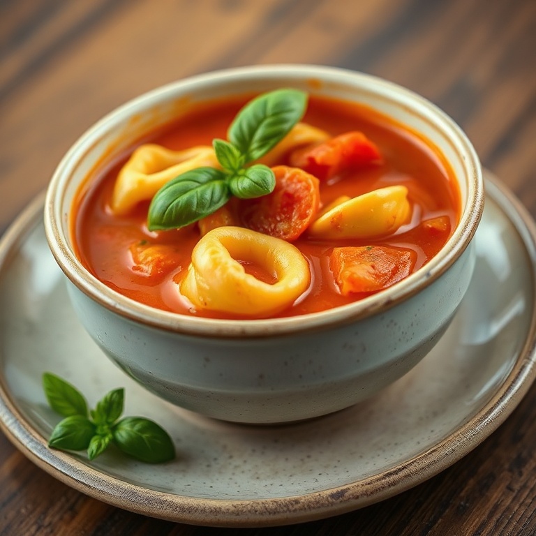 A bowl of creamy tomato tortellini soup with fresh basil garnish, served on a rustic ceramic plate.