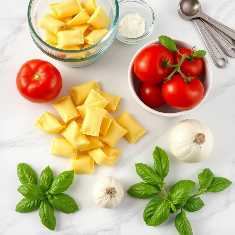 Raw ingredients for tomato tortellini soup on a white marble surface: tomatoes, tortellini, garlic, onion, and fresh basil.