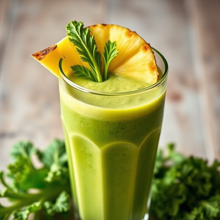 A tropical kale smoothie in a glass with a slice of pineapple on top