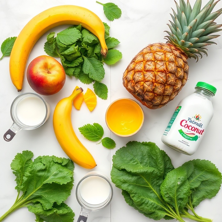 Fresh kale, ripe mango, pineapple, banana, and coconut water arranged in a flat lay