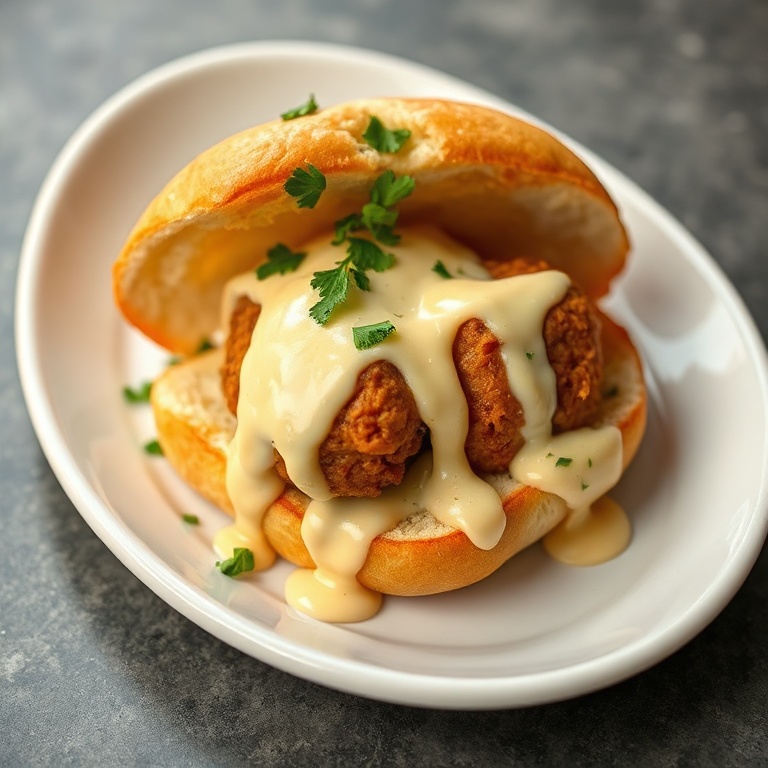 One vegan meatball sub garnished with fresh chopped parsley on a white oval plate, creamy cheese dripping over golden meatballs under warm light.