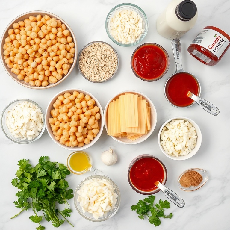 Overhead view of vegan meatball ingredients: chickpeas, oats, marinara, vegan cheese, hoagie rolls plus onion and garlic, measuring spoons and bowls on a marble surface.