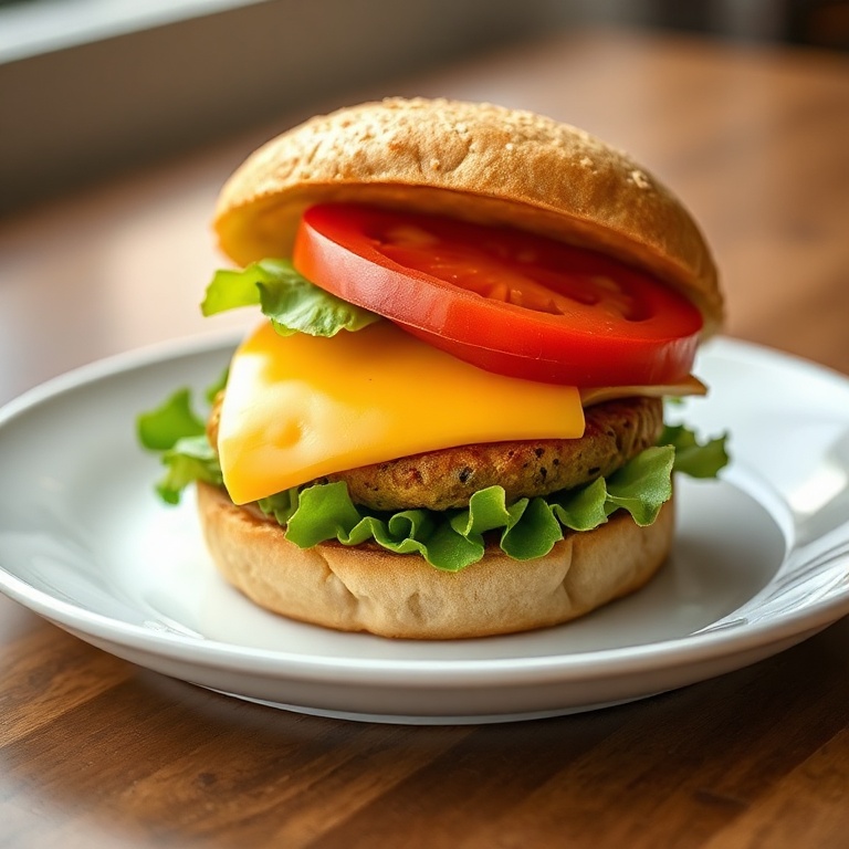 Perfectly plated vegan veggie burger with a slice of cheddar, lettuce, and tomato on a white plate.