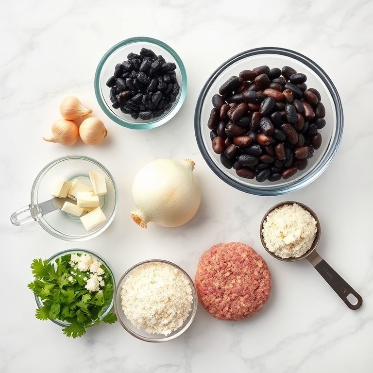 Raw ingredients for vegan veggie burger: black beans, mushrooms, onion, garlic, and breadcrumbs arranged on a white marble surface.
