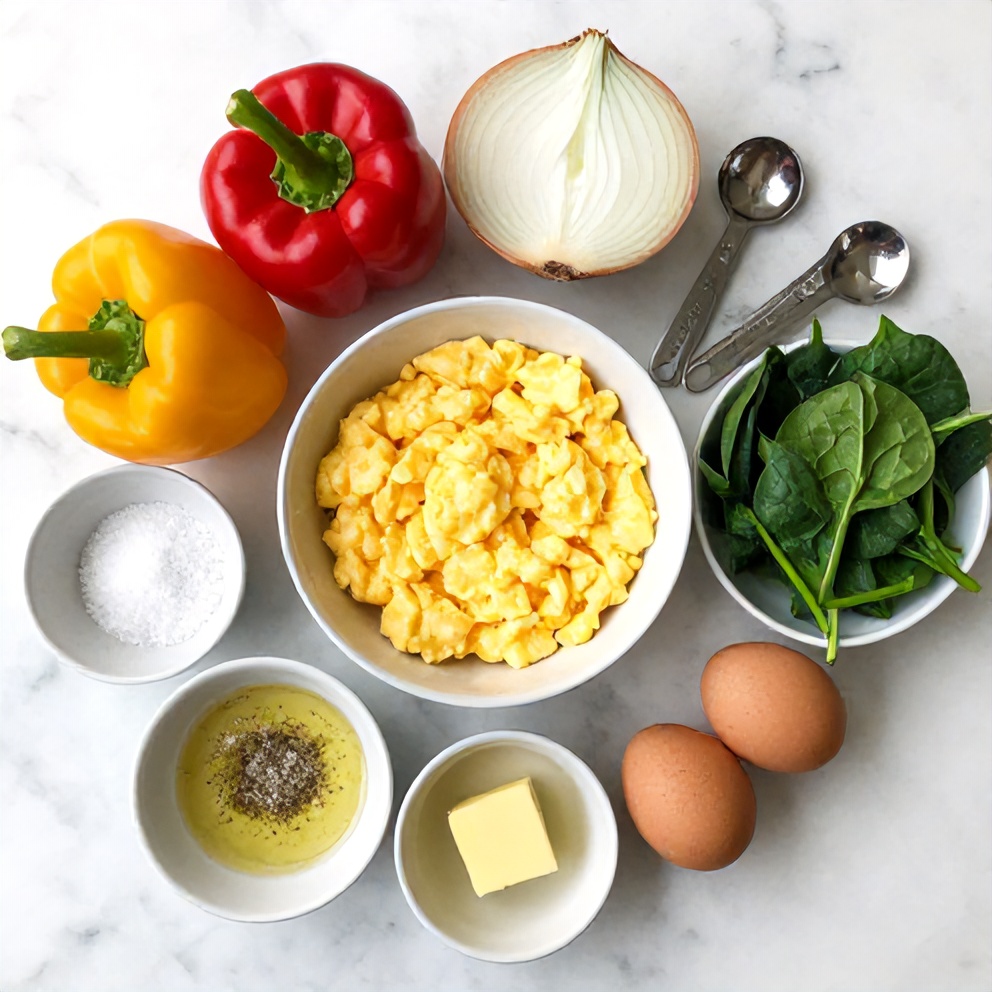 Raw ingredients for veggie scrambled eggs