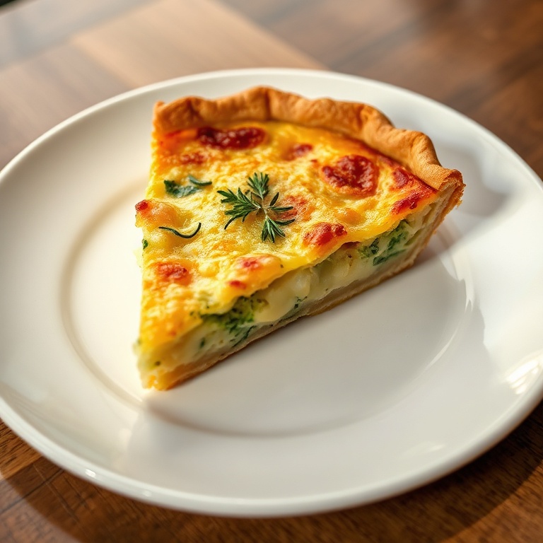 Perfectly plated quiche with a sprinkle of fresh thyme and a side of coleslaw