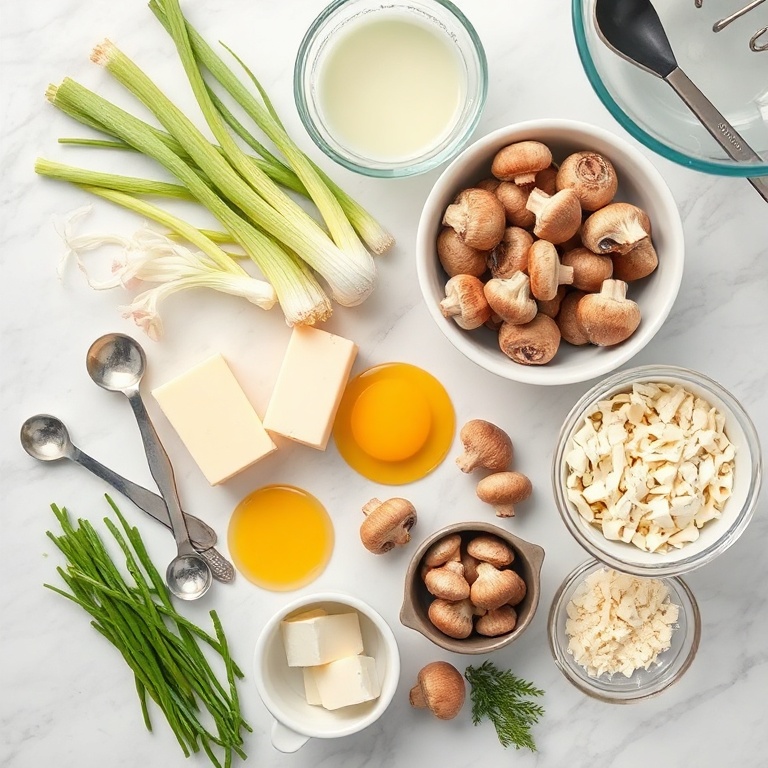 Raw ingredients for quiche: Vidalia onions, mushrooms, eggs, butter, and cheese
