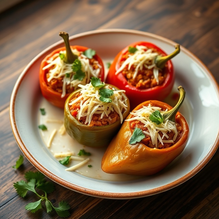 Perfectly plated stuffed peppers with shredded cheese and cilantro, ceramic bowl, warm side lighting