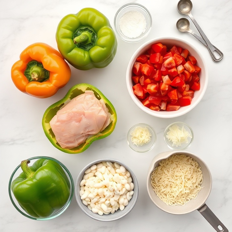 Raw ingredients for stuffed peppers: bell peppers, chicken breast, white beans, diced tomatoes, onion, garlic, shredded cheese