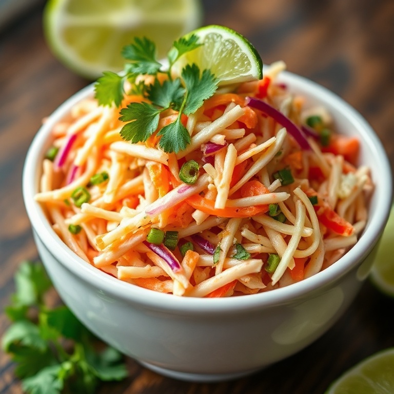 Perfect serving of zesty Mexican coleslaw in a white ceramic bowl. Fresh cilantro and a dash of lime on top. Warm side lighting shows texture. Close-up shot of the dish.