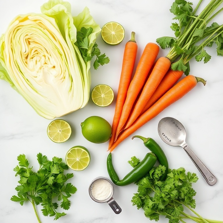 Fresh cabbage, carrots, lime, cilantro, and jalapeño arranged in an overhead flat lay. Measuring cups and spoons nearby. White marble surface with soft natural light.