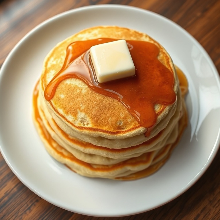One serving of fluffy pancakes from scratch on a white plate, topped with a pat of butter and drizzle of maple syrup. Warm light highlights texture.