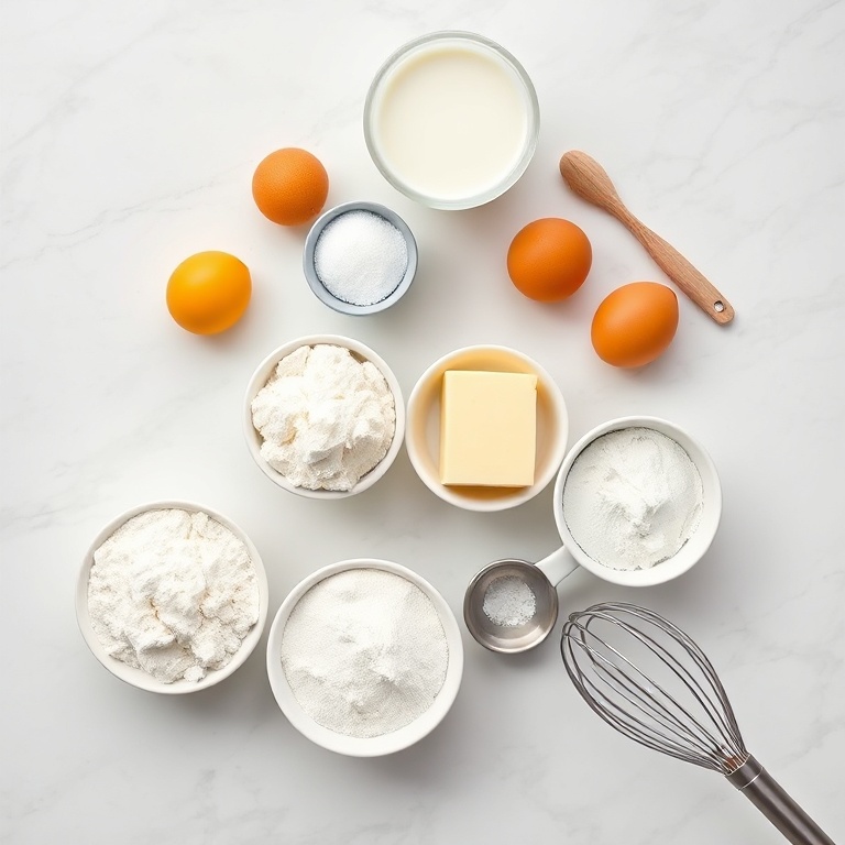 Overhead flat lay of raw ingredients for fluffy pancakes from scratch, including flour, eggs, milk, butter, and baking powder on white marble.