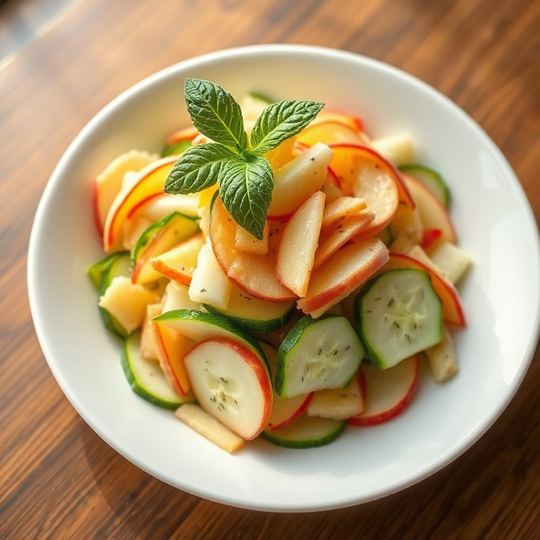 Crispy apple and cucumber salad in a white bowl with fresh mint leaves on top
