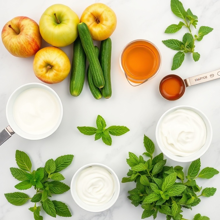 Fresh apples, cucumbers, mint, and yogurt arranged in a flat lay with measuring cups and bowls