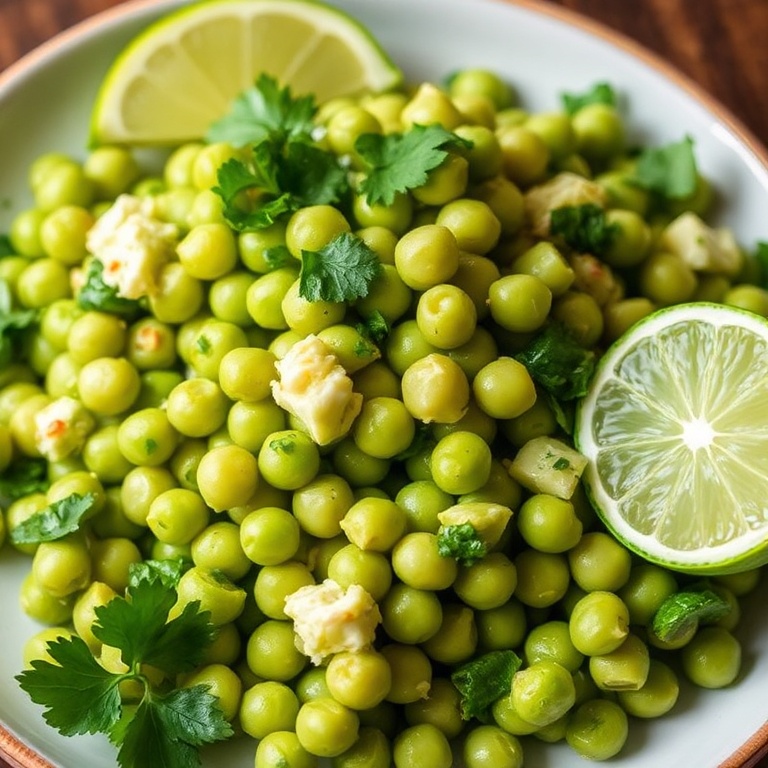 Plated Fresh Edamame Salad with zesty cilantro lime dressing. Garnished with extra cilantro and lime wedges. Warm side lighting shows texture and freshness.