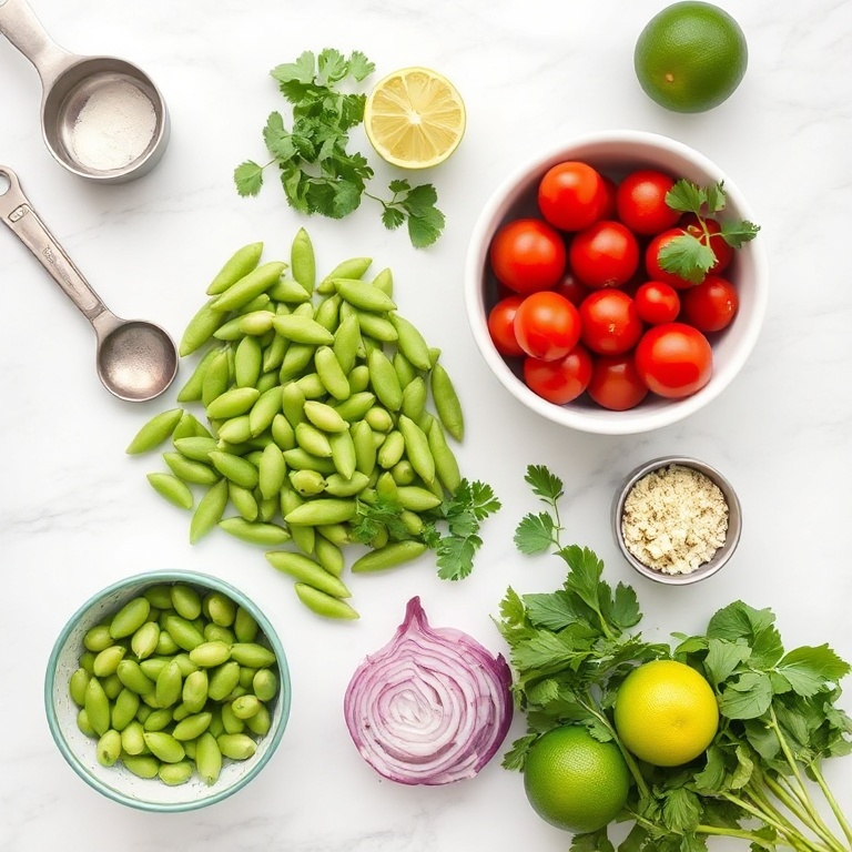Raw edamame, fresh cilantro, limes, red onion, cherry tomatoes, and olive oil arranged in a flat lay. Measuring spoons and bowls visible.
