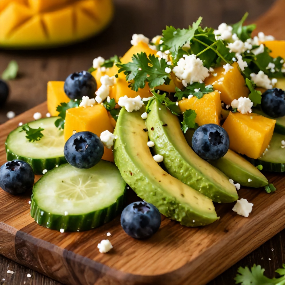 Mango cucumber salad with blueberries and avocado on a rustic wooden board