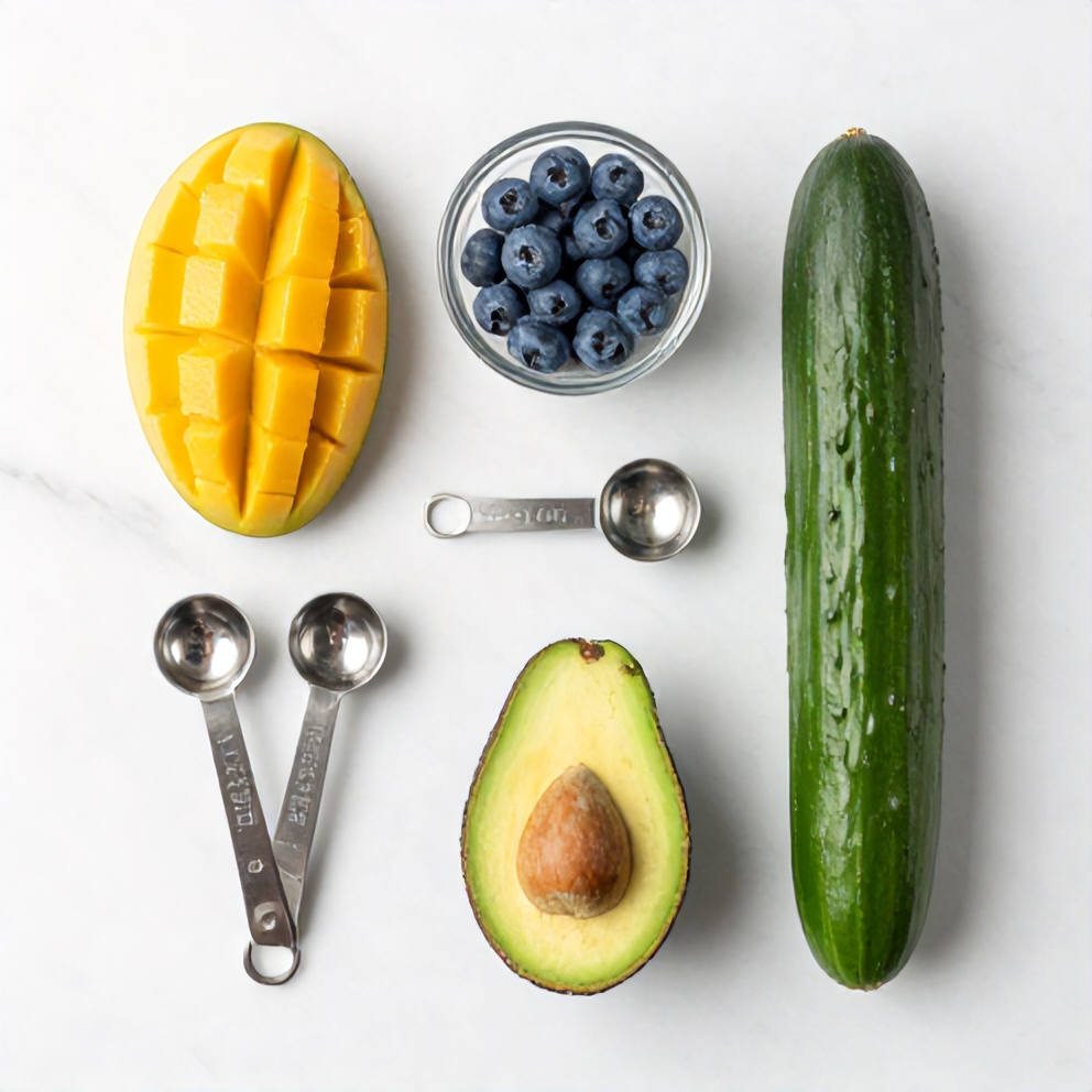 Raw ingredients for mango cucumber salad on a white marble surface