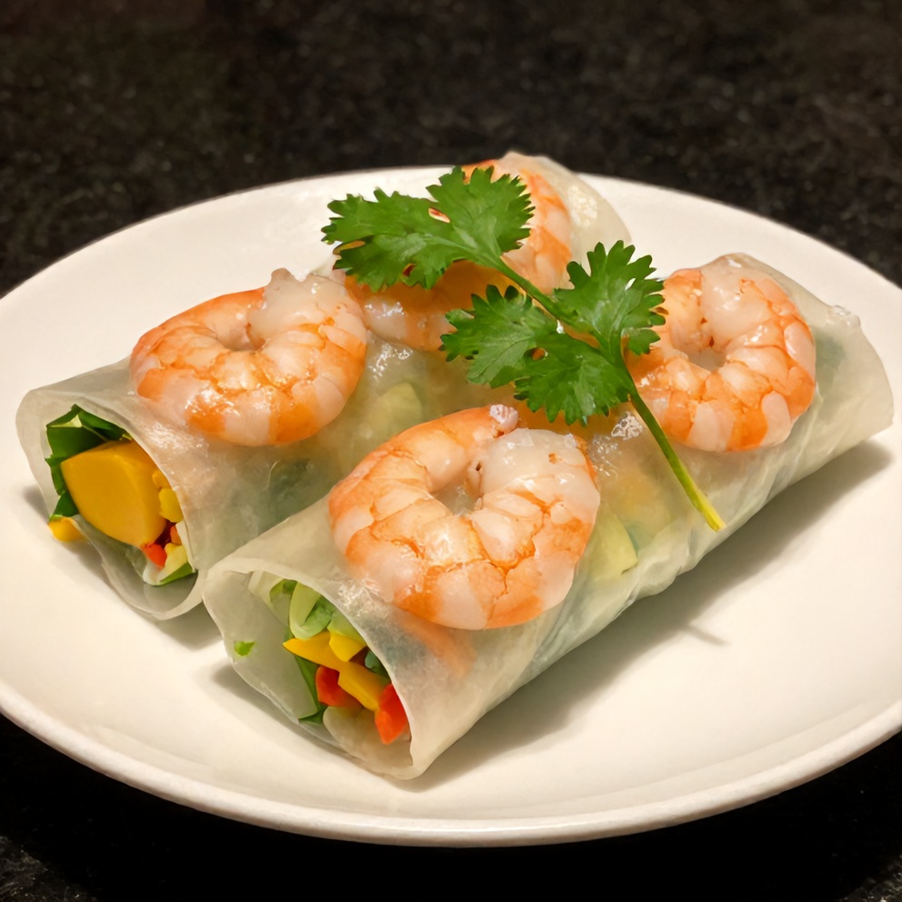 One perfect plated serving of Fresh Mango Shrimp Summer Rolls on a white plate, garnished with cilantro, warm side lighting
