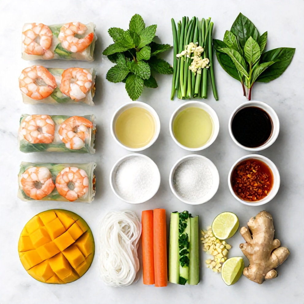 Raw ingredients for Fresh Mango Shrimp Summer Rolls on a white marble surface, bright even light
