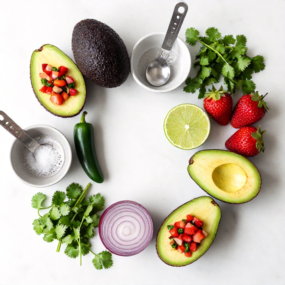 Raw ingredients for Fresh Strawberry Salsa Stuffed Avocados